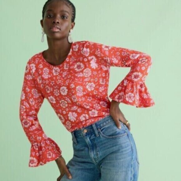 J Crew Winter Garden Red Poppy Fields Bell Sleeve Popover Blouse Size XSmall - Picture 1 of 10